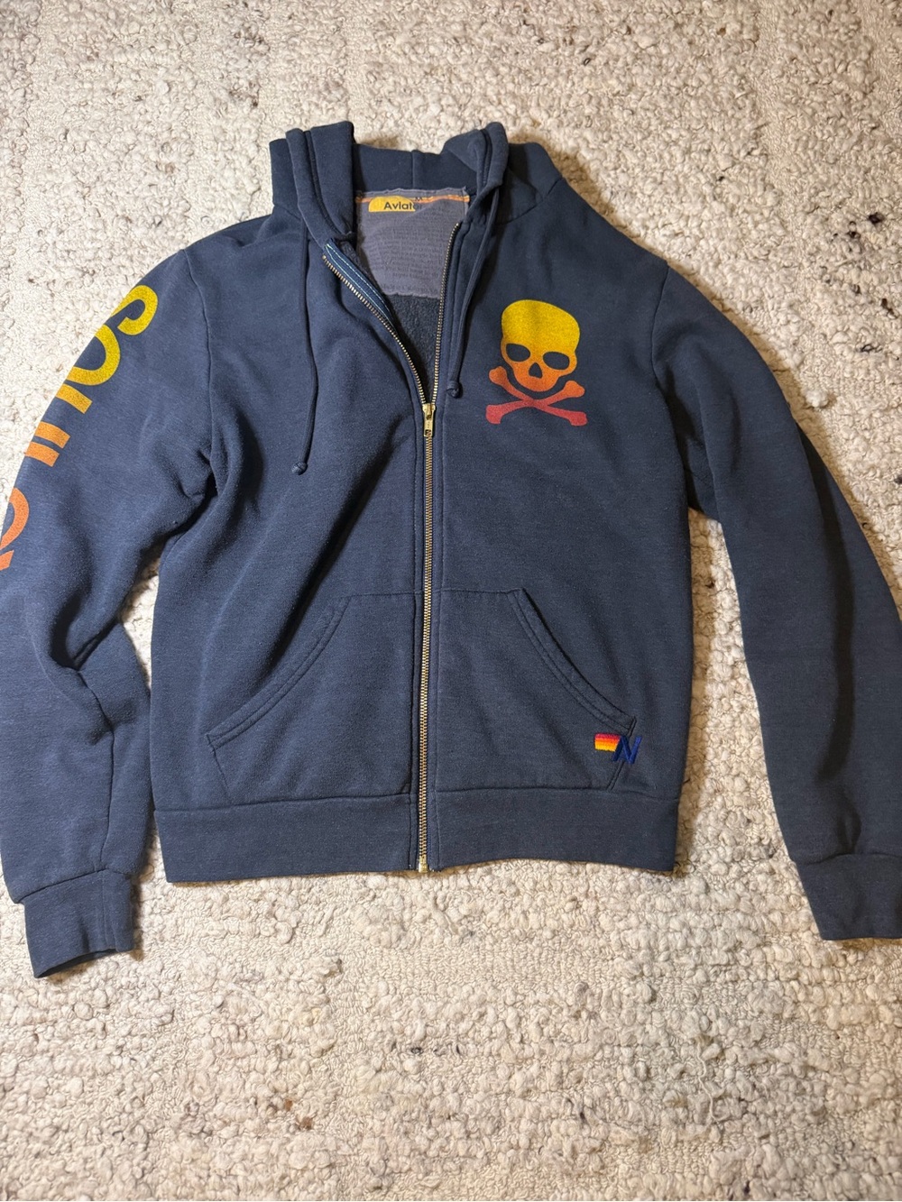 Aviator Nation Black Zip Hoodie with Skull Graphic
